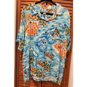 Vintage Pineapple Connection Hawaiian Shirt Mens Large Rayon Surfing Floral Blue